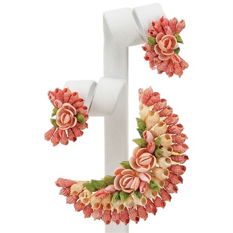 Vintage Shell Roses Crescent Moon Brooch & Screwback Earrings