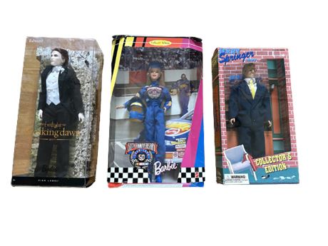 Nascar Barbie, King Dawn and Jerry Springer Collectible Dolls in Original Boxes