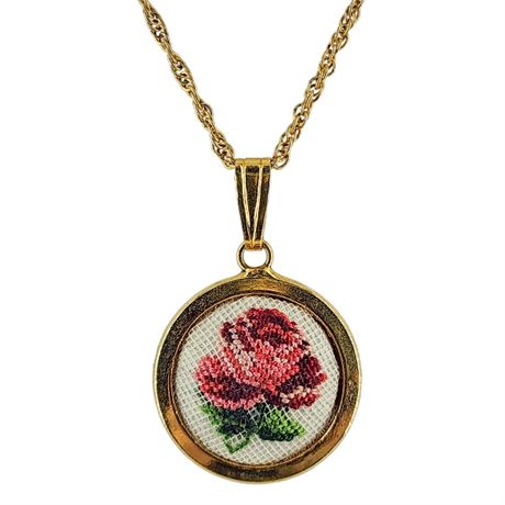 Vintage Petit Point Embroidered Rose Pendant Necklace