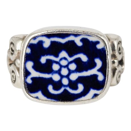 Sterling Silver Blue Willow Pottery Ring, Sz 5.5