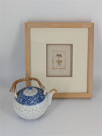 Lot Handmade Paper & Pressed Flower Framed Picture + Teapot