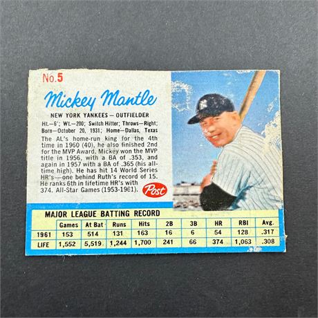 1962 Post Hand Cut Mickey Mantle