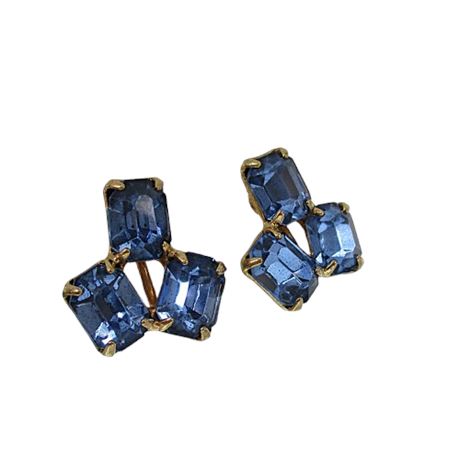 Vintage Deep Ice Blue Emerald Cut Rhinestone Screw Back Earrings