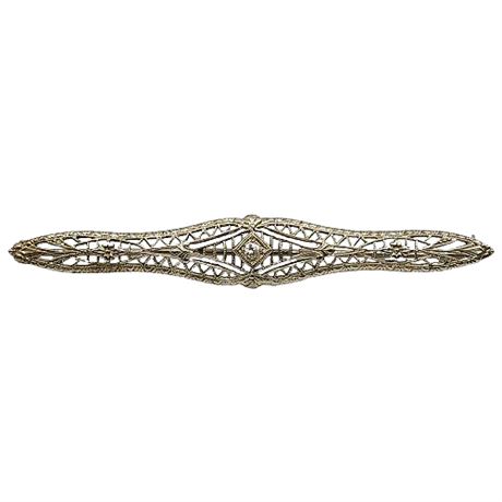 Antique Victorian 10K White Gold & Diamond Filigree Bar Brooch
