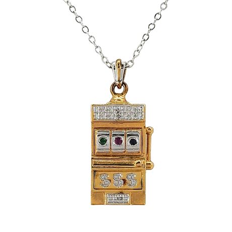 Vintage DANBURY MINT Lady Luck Gold Plated Slot Machine Pendant w/ Gemstones