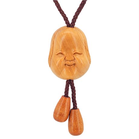 Vtg Japanese Wooden Buddha Face Bolo Tie
