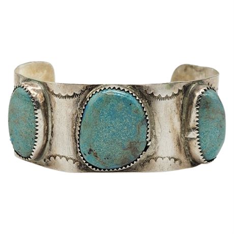Vintage Native American Sterling Silver Stamped Turquoise Cuff Bracelet