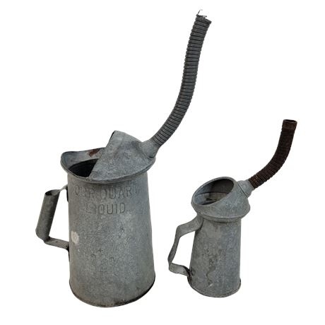 Vintage Galvanized Funnel Oil Cans Filler Flexible Spout - Set of 2