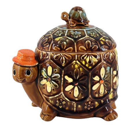Vintage Napco Ceramic Floral Turtle with Baby Turtle Cookie Jar