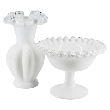 Vintage FENTON Silver Crest Milk Glass Nut Dish & Ruffled Melon Vase