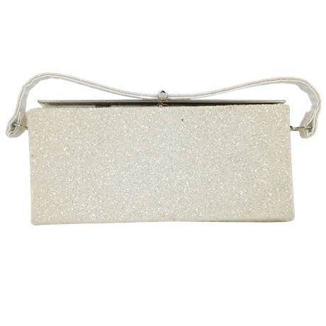 Vintage White Glittery Box Style Evening Bag with Strap and Silver Frame