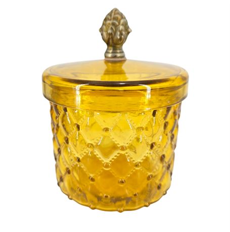 VTG Amber Yellow Quilted Glass Vanity Jar with Metal Lid
