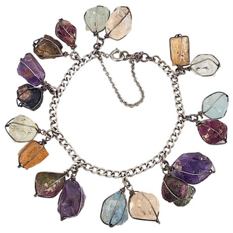 Vintage Sterling Silver Raw Gemstones Charm Bracelet