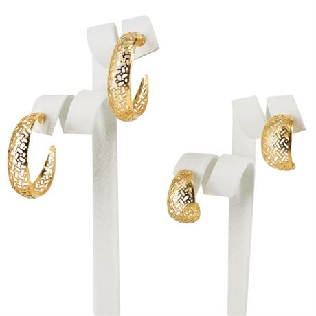 Two Pairs Vintage Gold Tone Perforated Hoop Earrings