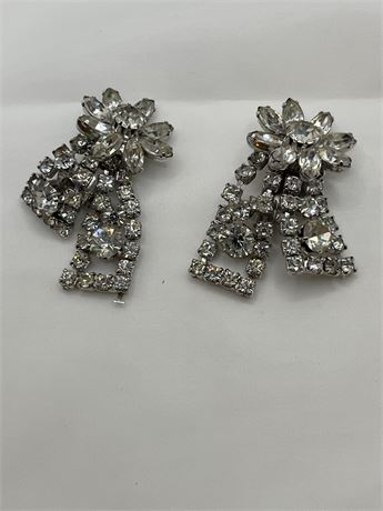 Vintage rhinestone, flowered bowtie, dangle clip earrings