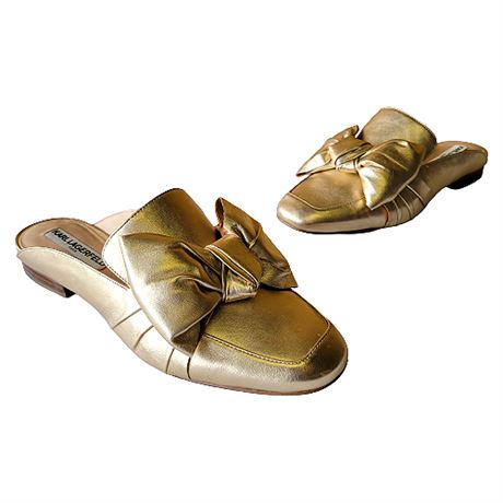 Karl Lagerfeld Paris "Odetta" Gold Leather Bow Mule Loafer