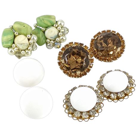 Vintage Clip-On Earrings – Rhinestone Halo, Amber Glass, White Lucite & Beaded