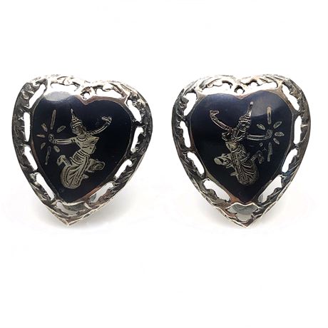 Vintage Siam Niello Enamel Thai Goddess Sterling Silver Heart Earrings