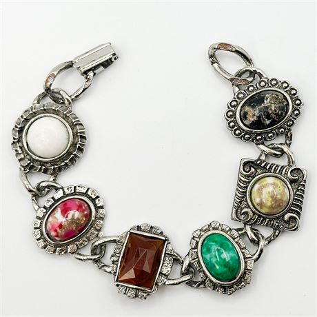 Vintage Silver Tone & Multicolor Lucite Cabochon Bracelet