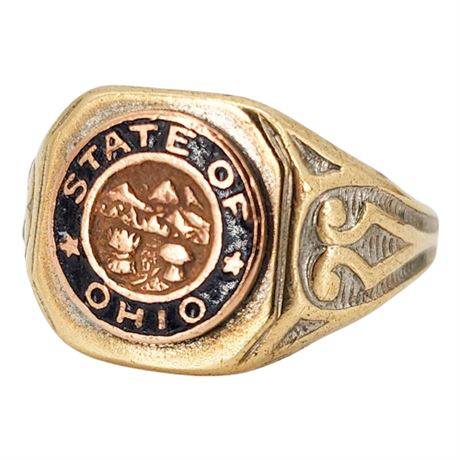 Vtg UNCAS State of Ohio Seal Brass & Copper Signet Ring, Sz 8