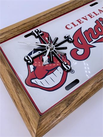 Working Cleveland Indians Baseball Embossed Metal & Wood Wall Clock