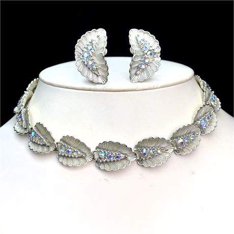 Vintage Unsigned BSK Silver Tone AB Rhinestone Necklace & Earrings Set