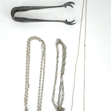Lot of 3 Silver Necklaces and Silver Tongs