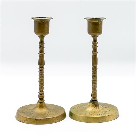 Antique Etched Brass Candlesticks