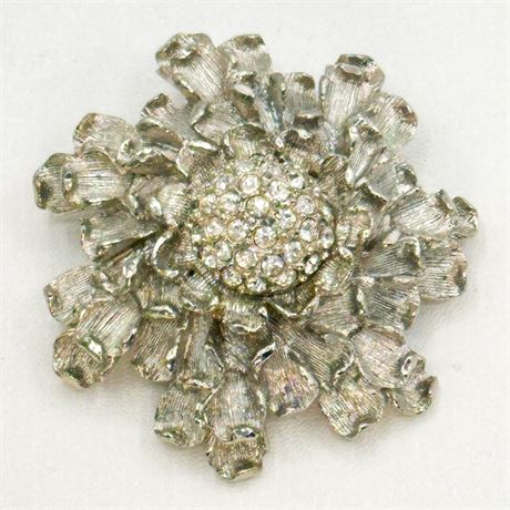 Vintage Silver Tone & Rhinestone Flower Brooch