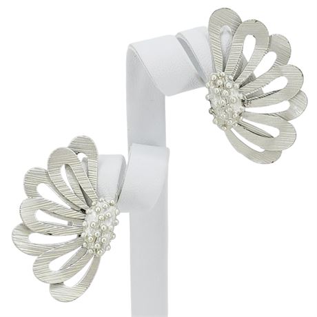 Vtg CORO Pearlescent Silver Half Flower Clip Earrings