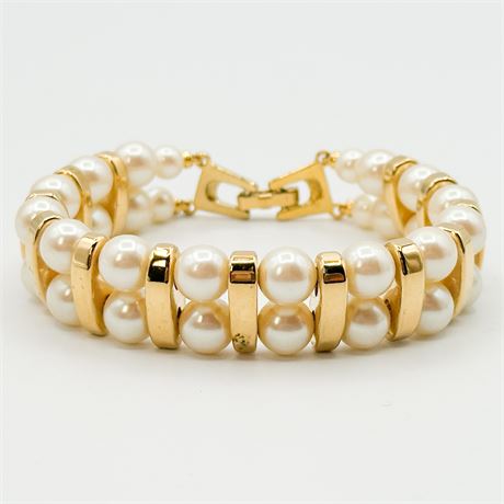 Vintage Gold-Tone Double Strand Faux Pearl Bracelet