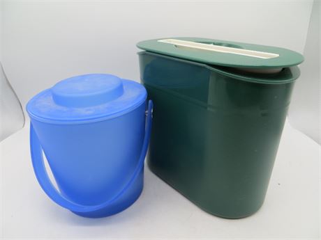 2 PLASTIC ICE BUCKETS 1 W/TONGS