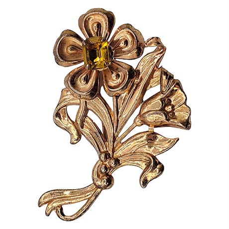 Vintage 40s Copper on Sterling Rhinestone Repousse Flower Brooch