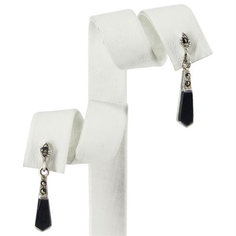 Signed Vintage MARSALA Sterling Silver Marcasite & Black Onyx Earrings