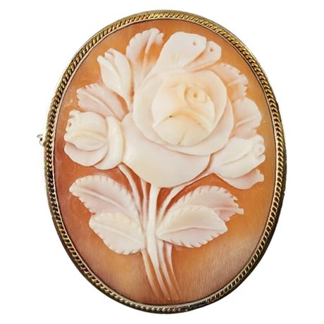 Vintage Gold Over Silver Carved Shell Roses Cameo Brooch/Pendant
