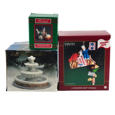 "Jimmy Raccoon" & "A Cracker Jack Christmas" Ornaments / Porcelain Fountain