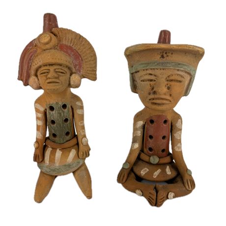 Pair of Vintage Souvenir Aztec Terra Cotta Figural Flute/ Whistles