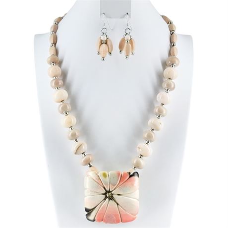 Artisan Made Chunky Pink Glass & Polymer Flower Necklace & Earrings Set