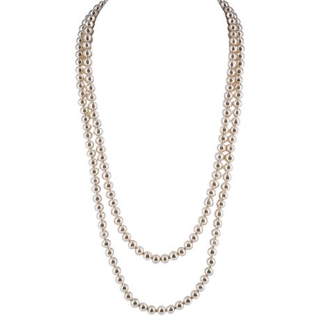 Vintage Flapper Length Hand Knotted 8mm Faux Pearl Necklace w/ Sterling Clasp