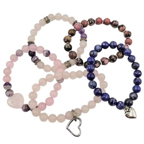 Lot of 5 Glass Bead Stretch Bracelets with Heart Charms