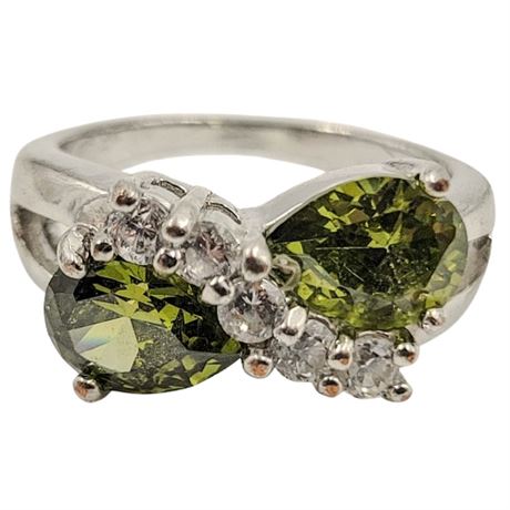 Silver Tone Green Tourmaline and Cubic Zirconia Ring Size 6