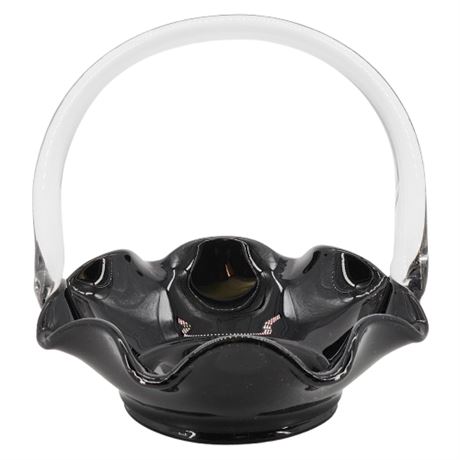 Vintage Black Glass Ruffled Basket w/ Clear Handle