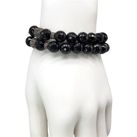 Pair Faceted Black Onxy and Marcasite Beaded Gemstone Bracelets
