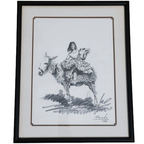 Woman Riding a Donkey Framed Drawing by Pesudo 1981