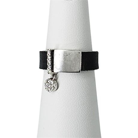 Signed HVE Leather Sterling Silver Diamonique CZ Ring, Sz 5.5