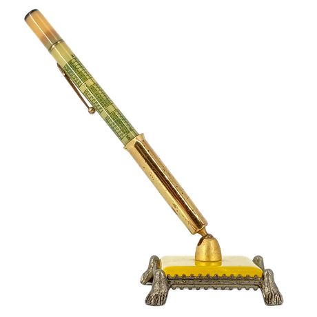 Vintage 1939 Stanley Calendar Desk Pen — Figural Stand with Yellow Base