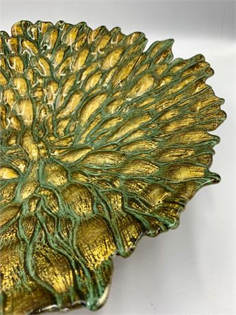 Moss & Gold Textured Asymmetrical 15” Art Glass Bowl