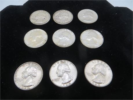 Nine 1964 Washington Quarters