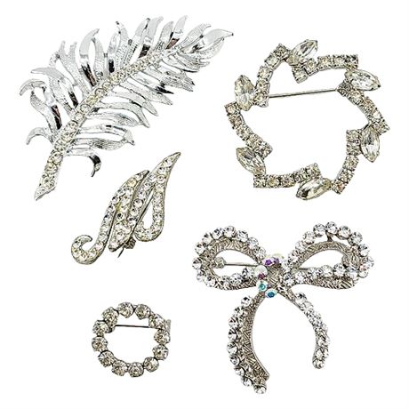 Five Vtg Clear/ Aurora Borealis Rhinestone Brooches