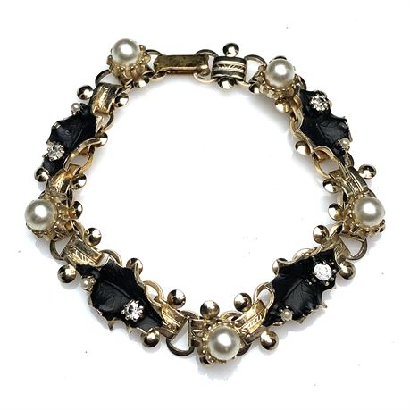 Vintage Black Enamel Faux Pearl Rhinestone Link Bracelet